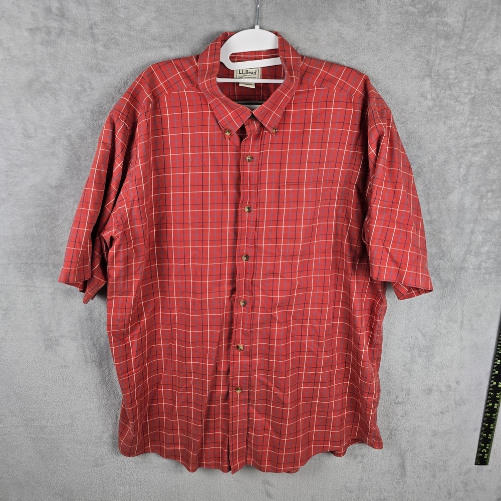L.L. Bean Traditional Fit Wrinkle Free Mens Plaid Shirt Short Sleeve Size XL Red